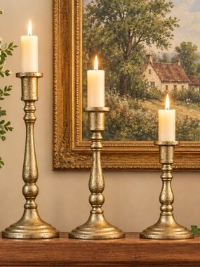 Vintage Style Gold Brass Candlestick Holders - Set of 3 Assorted Heights